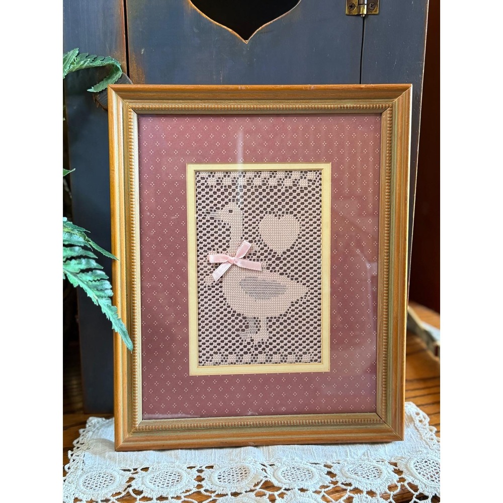Vintage Framed Lace Goose Wall Art Country Farmhouse Grannycore Decor 8x10